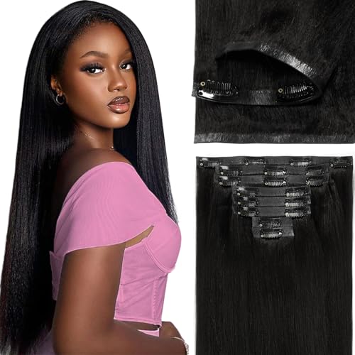 14 Inch Seamless Yaki Straight Clip-In Hair Extensions - Jet Black, 8Pcs, 115g