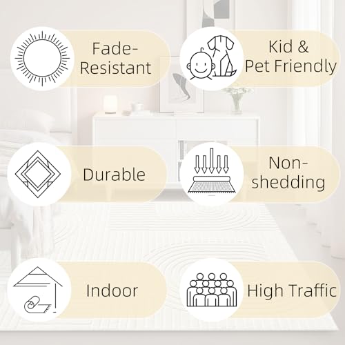Light Beige 5x7 Geometric Washable Area Rug for Living Room - Solid Beige