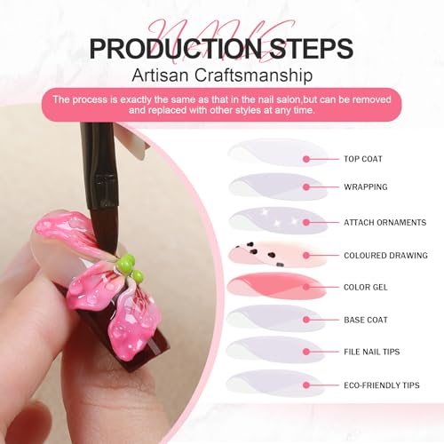 Handmade Press On Nails with Summer Floral Pearl Design - Reusable Fake Nail Set