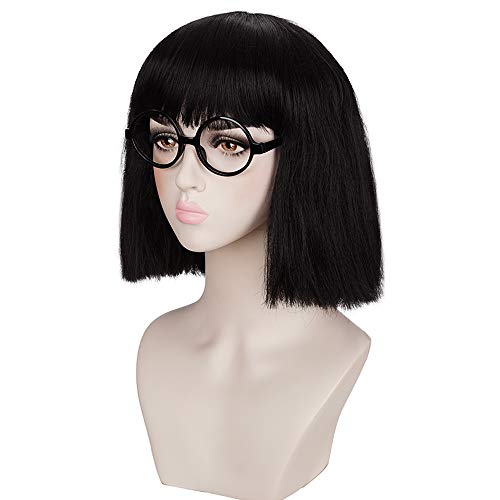 Black Cosplay Wig with Bangs & Glasses Frame for Women - Heat-Resistant Synthetic Hair