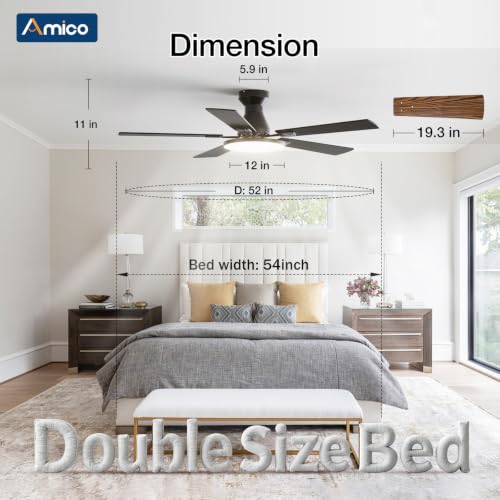 52-Inch Black RGB Flush Mount Ceiling Fan with Lights - Smart Control