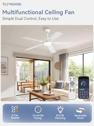 ZMISHIBO 52-Inch Modern Ceiling Fan with Lights & Remote Control - White, Indoor Use