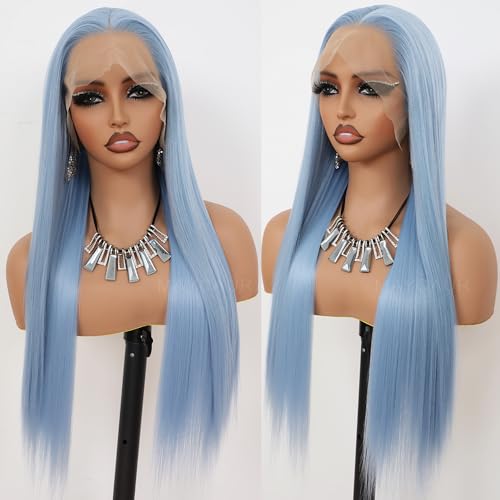 Ice Blue Lace Front Wig 24 Inch Long Straight Synthetic Hair for Women - Glueless, Natural Hairline