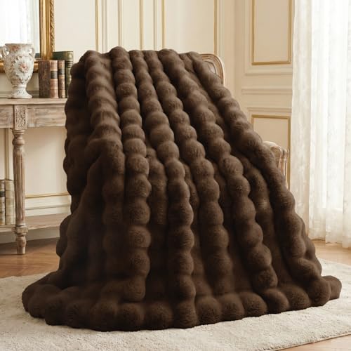 Faux Rabbit Fur Throw Blanket - 90x90 Inches, Cocoa Brown, Reversible & Ultra Soft