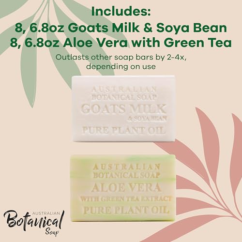 Australian Botanical Soap, Goat Milk Soap with Soya Bean | Aloe Vera Soap with Green Tea | Bundle of 8 Each, Organic African Shea Butter, Natural Soap Base for All Skin Types, 16 Bar Soap Bundle