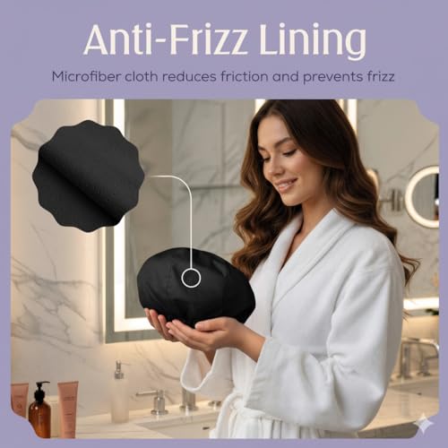 Waterproof Reusable Shower Cap for Long Hair with Anti-Frizz Terry Lining