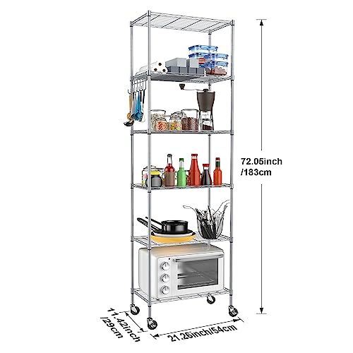 6-Tier Wire Storage Shelf with Casters and Side Hooks - 21.26 x 11.42 x 72.05 Inch, Silver Gray