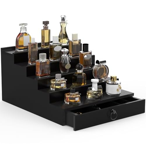 Cologne Organizer for Men, 5 Tier Black Cologne Shelf, Perfume Stand with Drawer and Hidden Compartment Perfume Display Holder - A Gift for Men