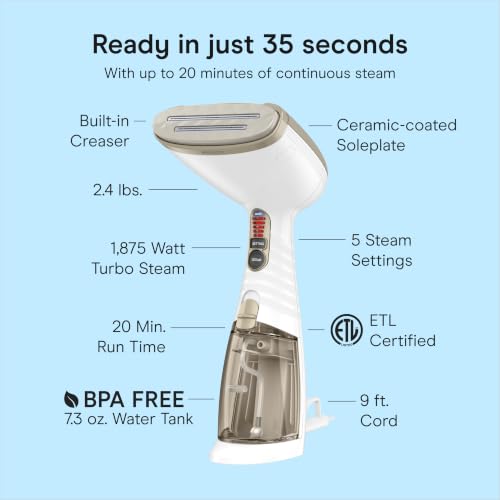 Conair ExtremeSteam Handheld Garment Steamer 1875W with 3 Attachments - White