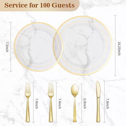 BESTVIP Clear Gold Plastic Plate Set for 100 Guests - Disposable Dinnerware for Weddings & Parties