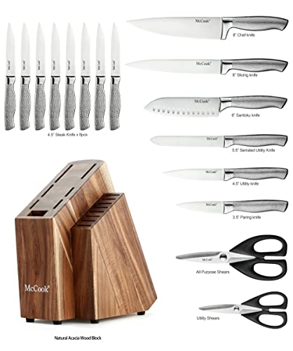 McCook 17-Piece Knife Set with Built-in Sharpener, Stainless Steel & Acacia Block