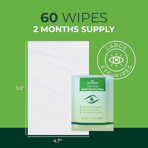 NOVEHA 60 Pack Tea Tree Oil Eyelid & Lash Wipes with Hyaluronic Acid, Green Tea & Chamomile
