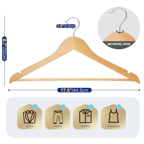 80 Pack Wooden Clothes Hangers - Natural Finish with Pant Bar & Notches, Heavy Duty & 360° Rotatable Hook