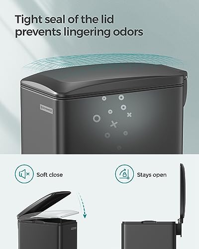 SONGMICS 13-Gallon Slim Kitchen Trash Can with Lid - Black, Stainless Steel