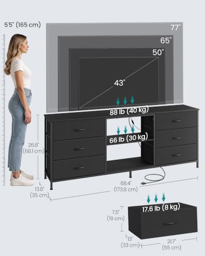 SONGMICS TV Stand for Up to 70 Inch TVs with 6 Fabric Drawers & Shelves - Ink Black, 13.8D x 68.4W x 26.8H