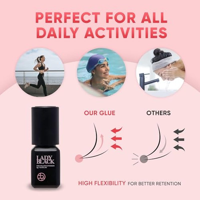 Lady Black Glue for Eyelash Extension 5ml, 3-4s Drying Time, 5-6 Weeks Retention, Black Strong Adhesive, Waterproof Lash Bond, Latex Free, Professional Use Only.