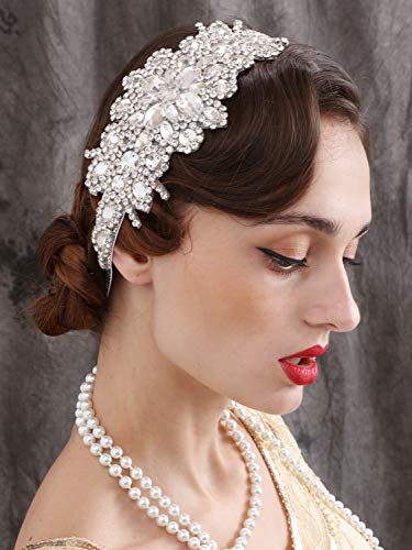 SWEETV Silver Rhinestone Flapper Headband 1920s Gatsby Hair Accessories for Women