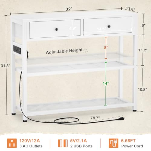 White Entryway Console Table with Outlets, 2 Drawers & Shelves - 32 Inch