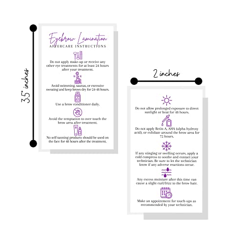 Brow Lamination Aftercare Card | 50 Pack | 2x3.5¡± inches Business Card Size | Starter Lift Kit At Home DIY Brow Lift and Tint | Snatched Brows White with Purple Design