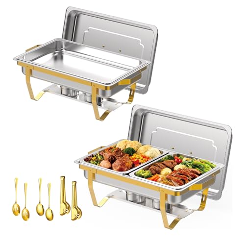 Gold Stainless Steel Buffet Chafing Dishes Set - 2 Pack 9 Quart Food Warmers