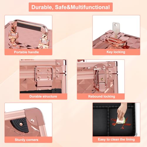 Makeup Box with Led Mirror,Travel Train Hard Case with Rechargeable Mirror Adjustable Dividers,Cosmetic Organizer Storage Bag for Makeup Artist,Appropriate Gift for Women Girls,Sparkling Rose Gold