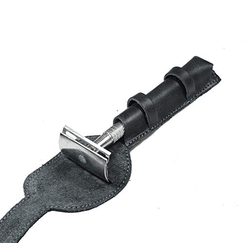 Leather Double Edge Safety Razor Travel Case - Handmade Shaving Pouch, Charcoal Black