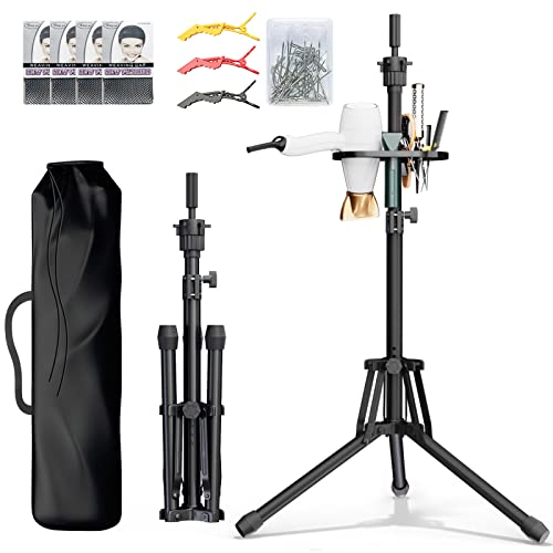 Black Mannequin Head Stand with Adjustable Height & Foldable Tripod