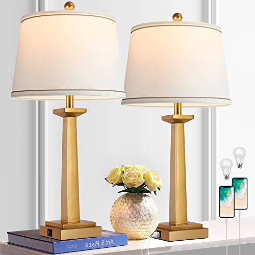 ROTTOGOON 29-Inch Gold Modern Table Lamps Set of 2 with USB Charging, 3-Color Temp Nightstand Lamps