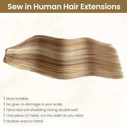 Human Hair Sew-In Extensions 12 Inch Blonde Highlight Remy Weft Full Head