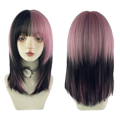 WKLOUYHE Women's Short Straight Wig with Bangs - Shoulder Length Bob, Heat Resistant Synthetic Hair, Black & Pink