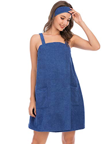 Large Blue Women Bath Wrap Towel with Pocket & Facial Headband - Adjustable Spa Robe