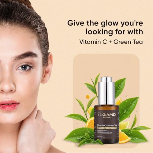 Streamis Skincare: Vitamin C + Green Tea Hydrating & Brightening Face Serum - With Niacinamide, Vitamin E, Hyaluronic Acid, Ferulic Acid & Powerful Botanical Extract Blend, Fragrance Free, 30ml.