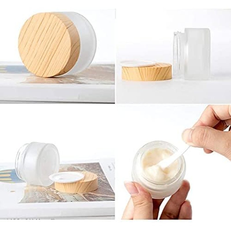 6 Pcs 30 Gram/30 ml Empty Jars Round Frosted Glass Cosmetic Cream Jar Bottle Wood Grain Lid Cosmetic Container Refillable Glass Cream Box Lotion Cream Pot Jars for Makeup Lip Balm Eye Cream