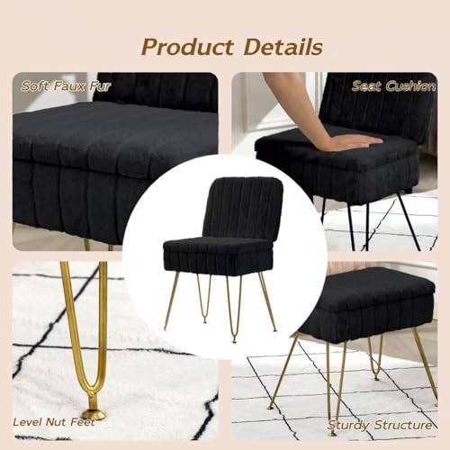 Black Vanity Chair with Storage & Foldable Back - Comfy Ottoman