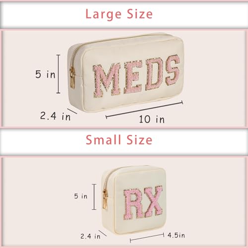 Travel Makeup Bag with Chenille Letter Patch - Beige MEDS-RX, Compact & Waterproof