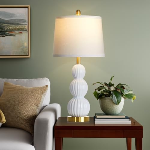 Luxeflow 28" White Ceramic Triple Gourd Bedside Lamps Set of 2, Modern Nightstand Lighting