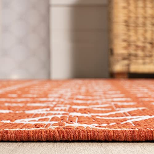 Outdoor Indoor Moroccan Geometric Area Rug 7'9" x 10' Orange Cream Textured Weave