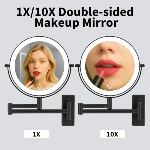 Wall Mounted Makeup Mirror with Lights 1X/10X Magnification - Black / 10X