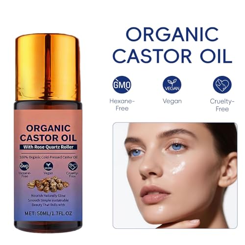 Organic Castor Oil Roll-On with Rose Quartz Roller for Hair & Skin - 1pcs