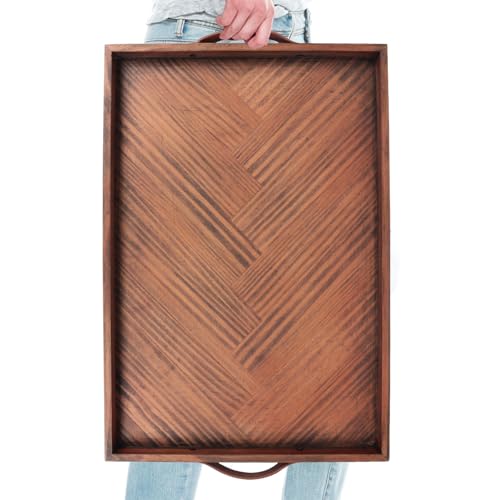 Extra Large Wooden Serving Tray with Leather Handles 24x16 in - Rustic Decor