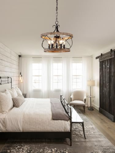 Dawn Whisper Gray Farmhouse Chandelier 15.7" Rustic Wood Drum Light Fixture for Dining Room