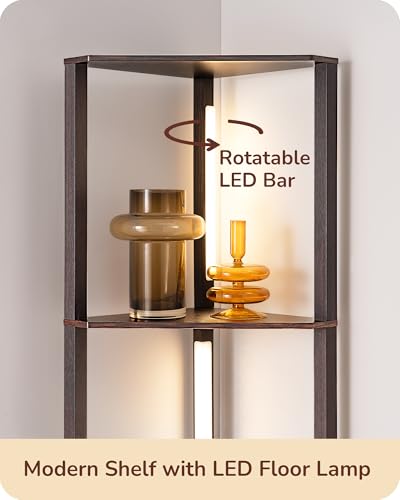 Corner Floor Lamp with Wooden Shelf - Black Walnut 64 Inch Modern LED Lighting