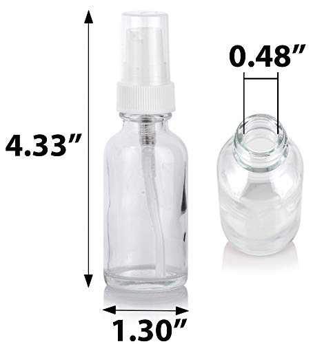 12 Pack Clear Glass Boston Round Bottles with White Pump Dispenser - 1 oz / 30 ml Refillable Containers