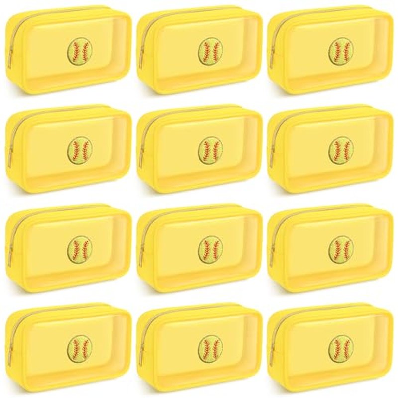 12 Pcs Softball Clear Makeup Bag with Zipper Bulk Softball Sport Goodie Clear PVC Pouch Organizer Waterproof Travel Case for Woman Team Gifts Birthday Party Decorations Supplies