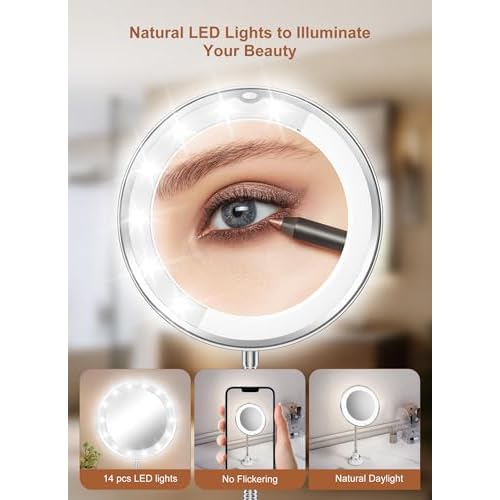Brightown 10x Magnifying Mirror with Light, Flexible Gooseneck Make up Mirror with Lights and Magnification, Battery Operated Cordless with Suction Cups for Wall Bathroom Silver 1 Lighting