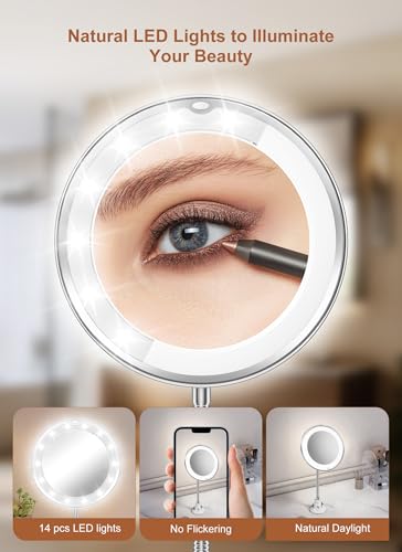 Brightown 10x Magnifying Mirror with Light, 7.5 x 7.4 Inch Silver Travel Makeup Mirror with Gooseneck & Suction Cup