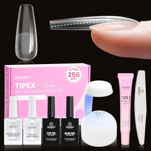 Beetles Tipex Lite Pre-Built Apex Nail Tips Kit, Coffin Long, 256pcs 16 Sizes, with Tipex Nail Glue, Dehydrator, Primer, Base & Top Coat, Mini UV Lamp, All-in-One Gel Nail Kit