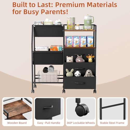 Somdot Baby Diaper Caddy Organizer 3-Tier Rolling Cart Black Rustic Brown