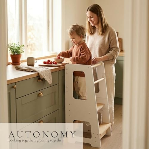 White Wooden Toddler Kitchen Helper Tower with 3 Adjustable Heights & Safety Rails