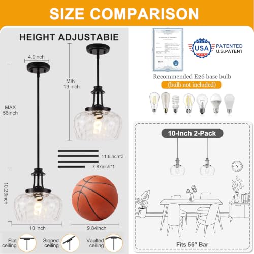 1 Pack Matte Black Pendant Light with 10-Inch Clear Hammered Glass Shade for Kitchen Island & Dining Room - Adjustable Height